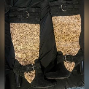 Born Crown Size 8M Black Suede with Dyed Pony Hair Knee High Boots